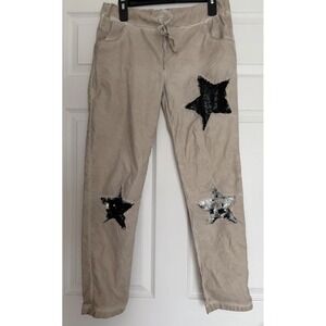 Venti6 Italian Star Sequin Joggers Khaki Crinkle Stretch Pants Made in Italy L
